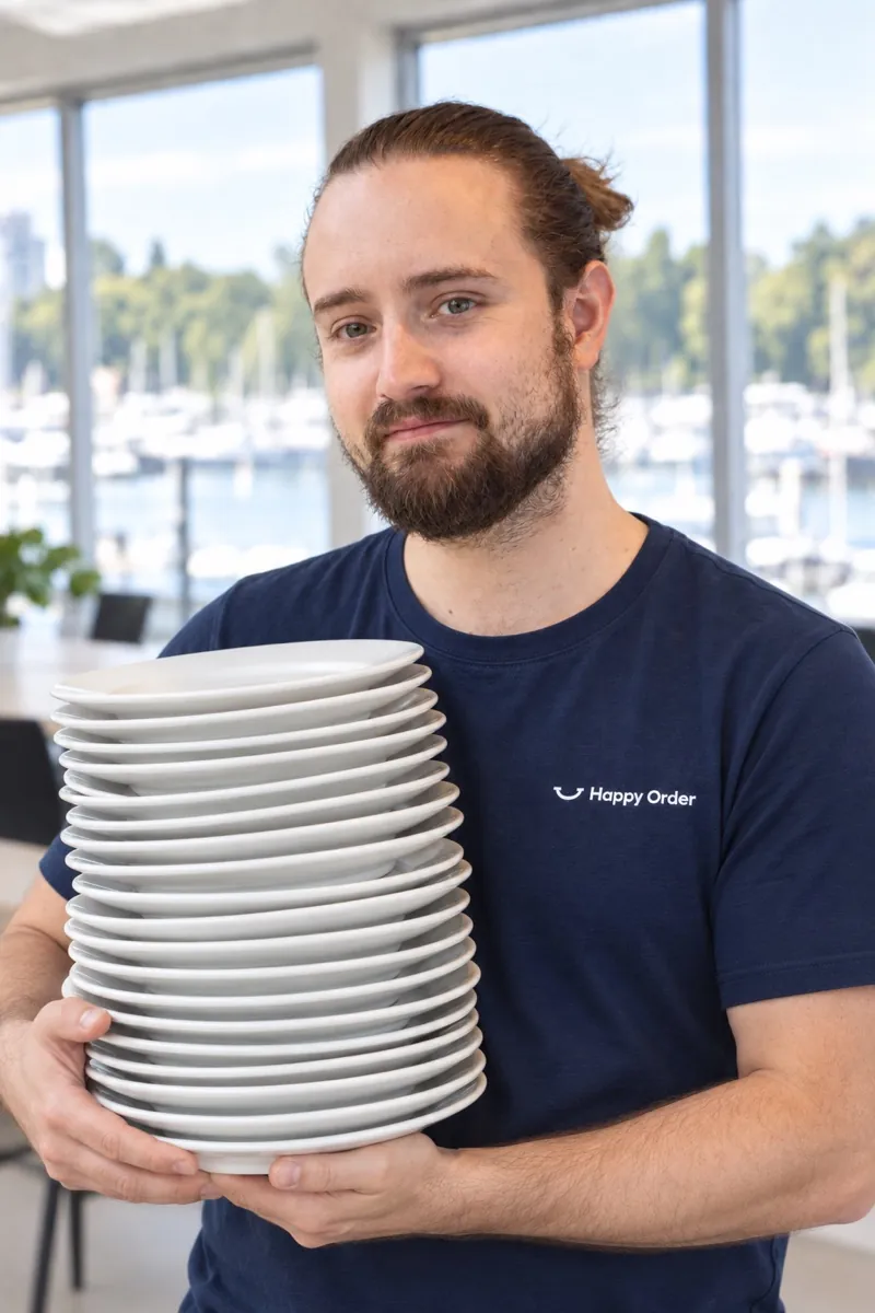 Rikard med en stapel tallrikar